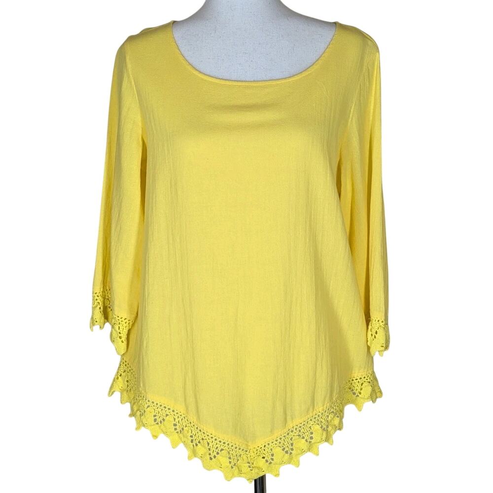 Soft Surroundings Women's Yellow Crochet Rialto Gauze Top Blouse Size Medium
